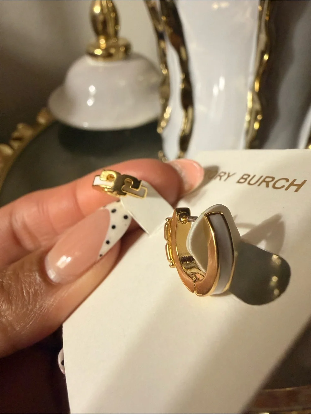 Tory Burch Gold and White Enamel Mini Logo Huggies Earrings